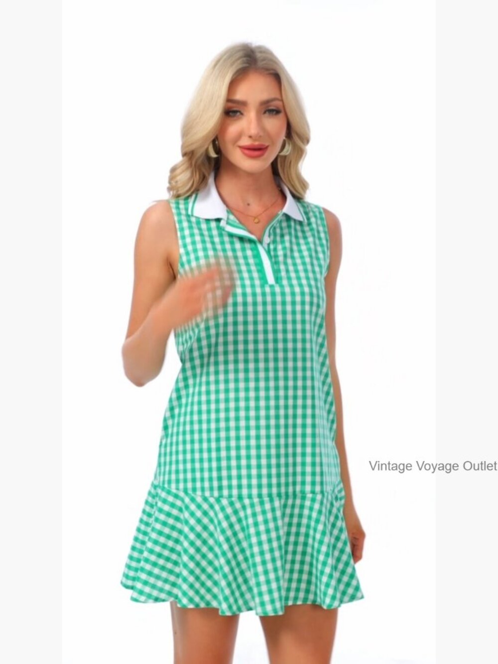 Women's Gingham Polo Dress V Neck Sleeveless Plaid Tennis Dress Ruffled Hem - Picture 7 of 7
